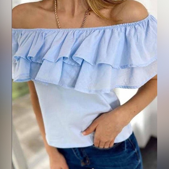 H&M Light Blue Pastel Off-Shoulder Ruffle Top – Size Small - Picture 1 of 9